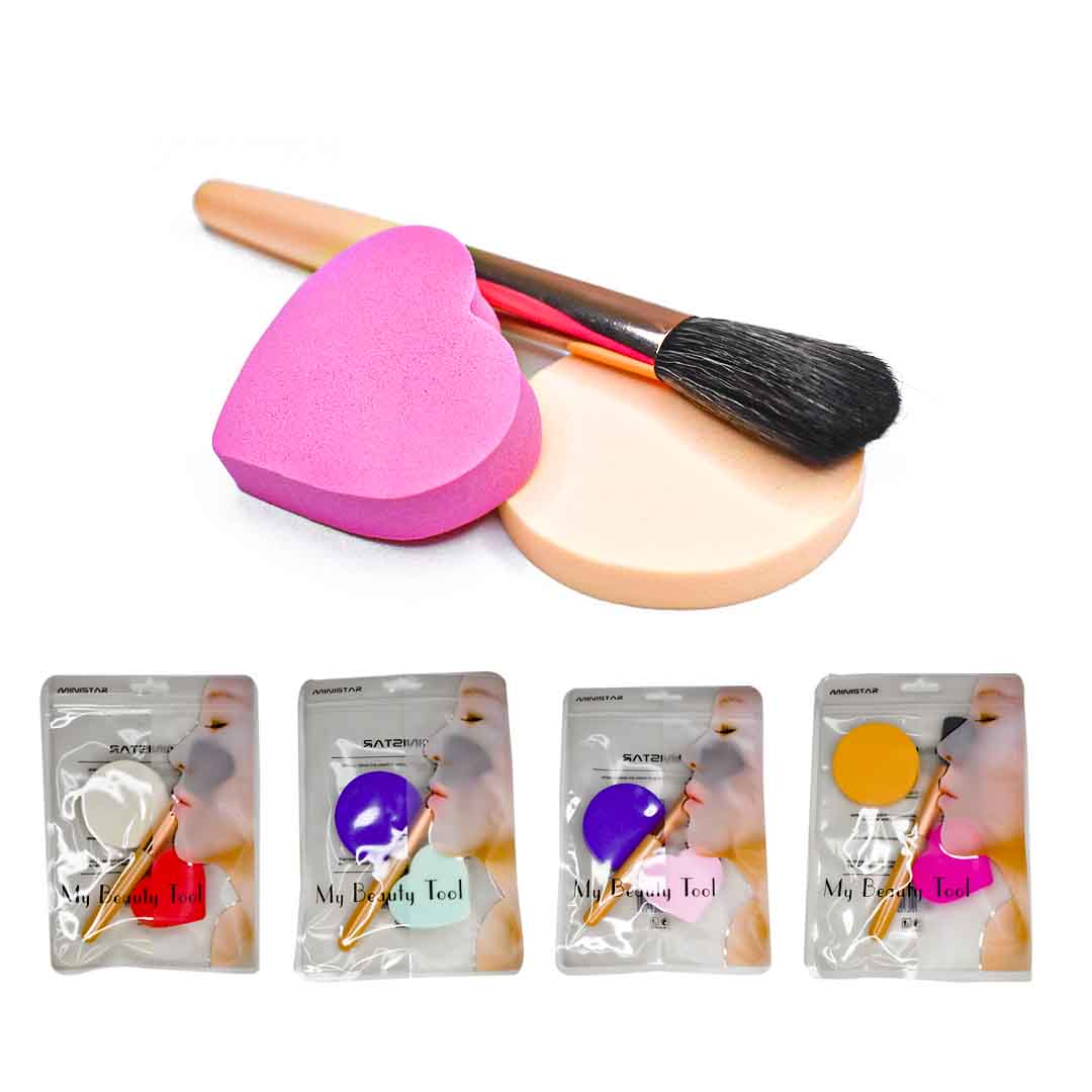 Kit de 2 esponjas y brocha ministar empaque transparente con rostro