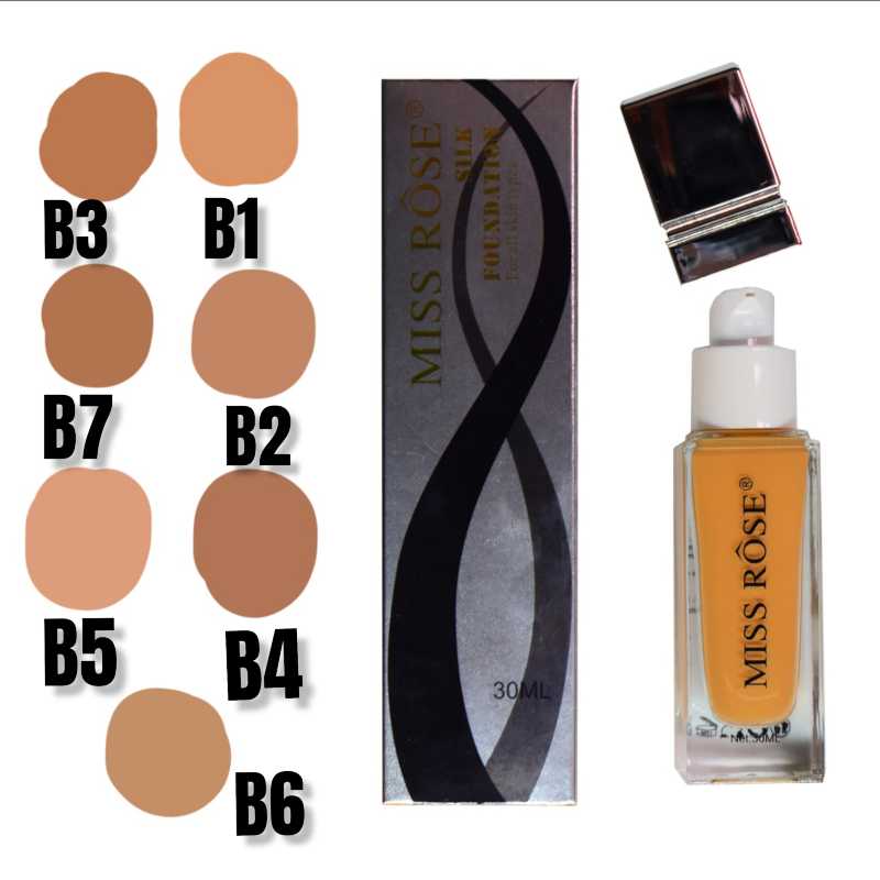 Base miss rose silk foundation caja plateada con lineas cruzadas