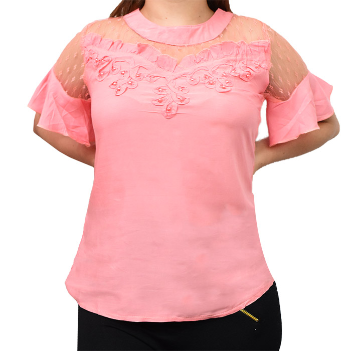 Blusa con encaje de perlas rosado suave