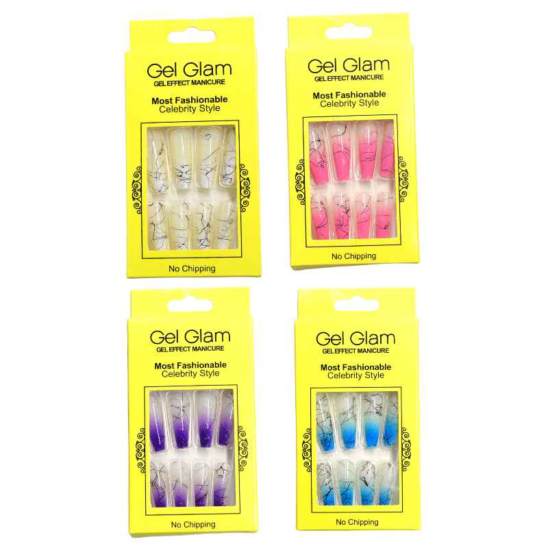 Set de uñas gel glam con diseños varios empaque amarillo