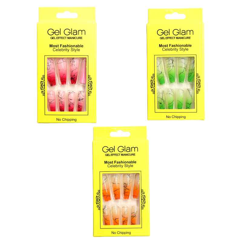 Set de uñas gel glam con diseños varios empaque amarillo - Imagen 2