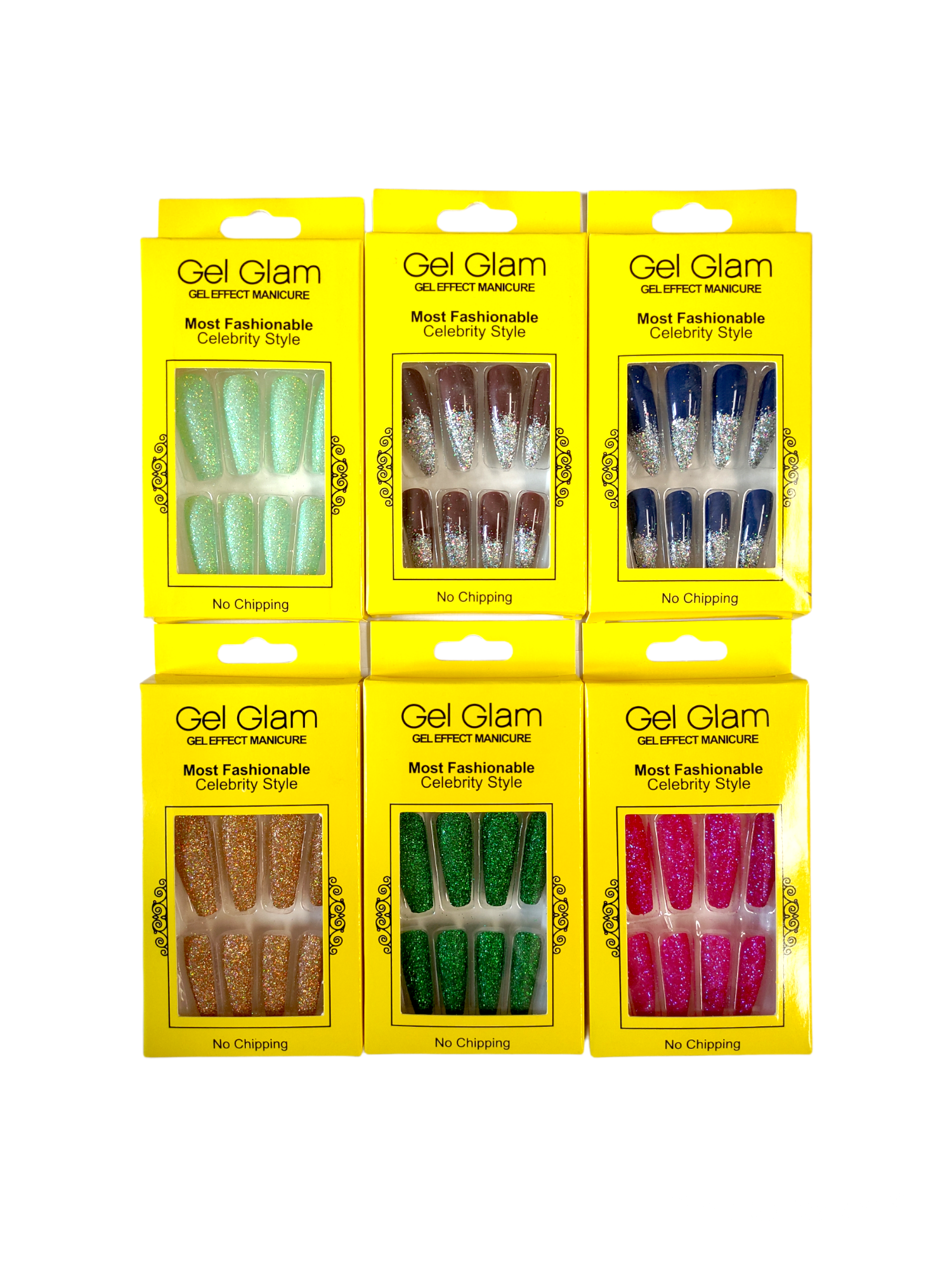 Set de uñas Gel Glam con diseño variados empaque amarillo