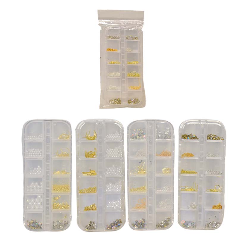 Decoración para uñas diseño surtido de perlas en caja de 12 divisiones