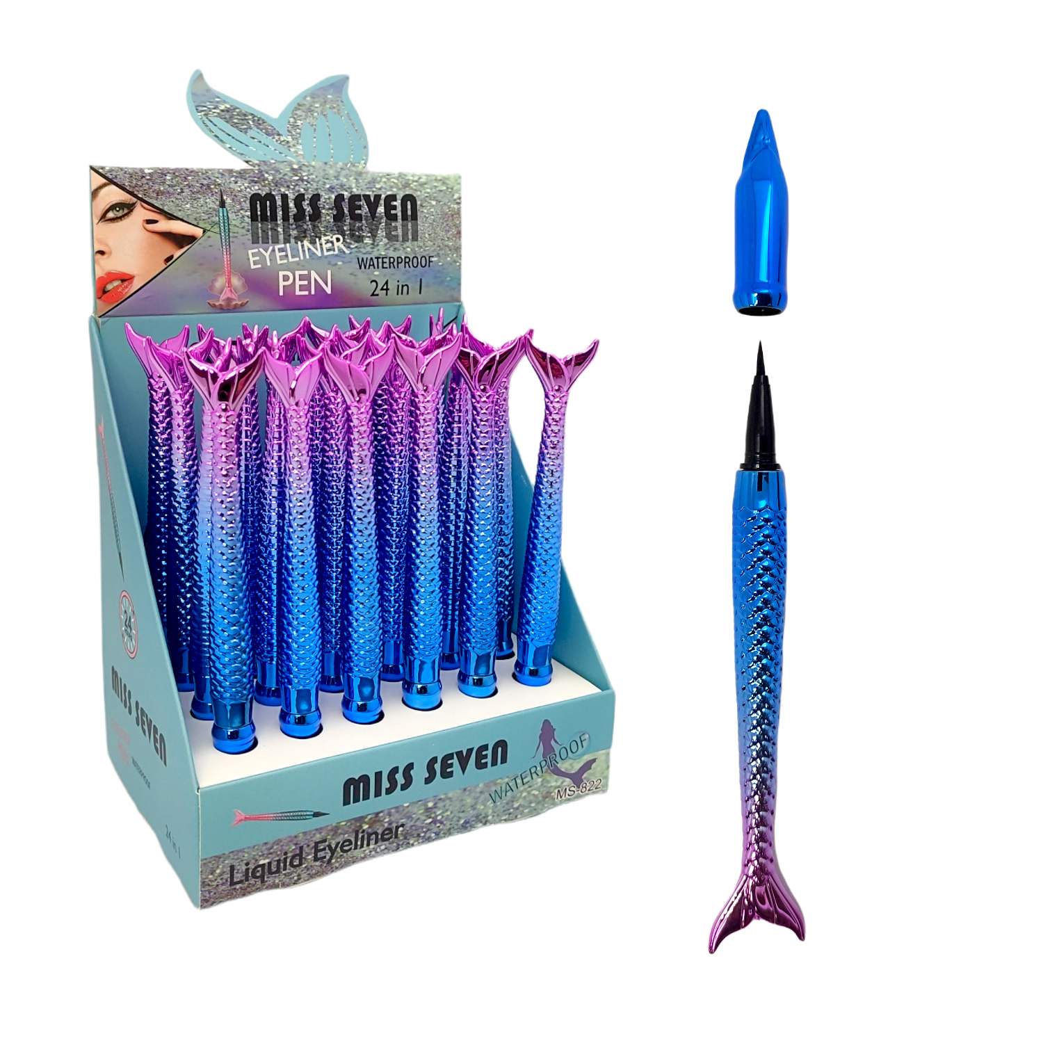 Delineadores de ojos color negro en diseño cola de sirena Miss Seven azul profundo