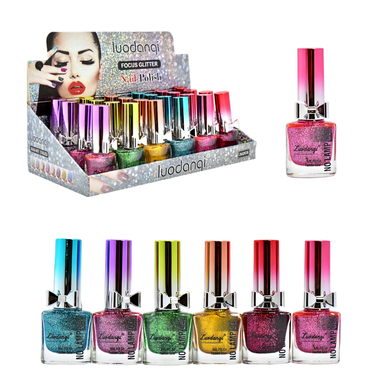 Esmalte en gel frío con glitter Luodanqi 15 ML presentación tapa con moño