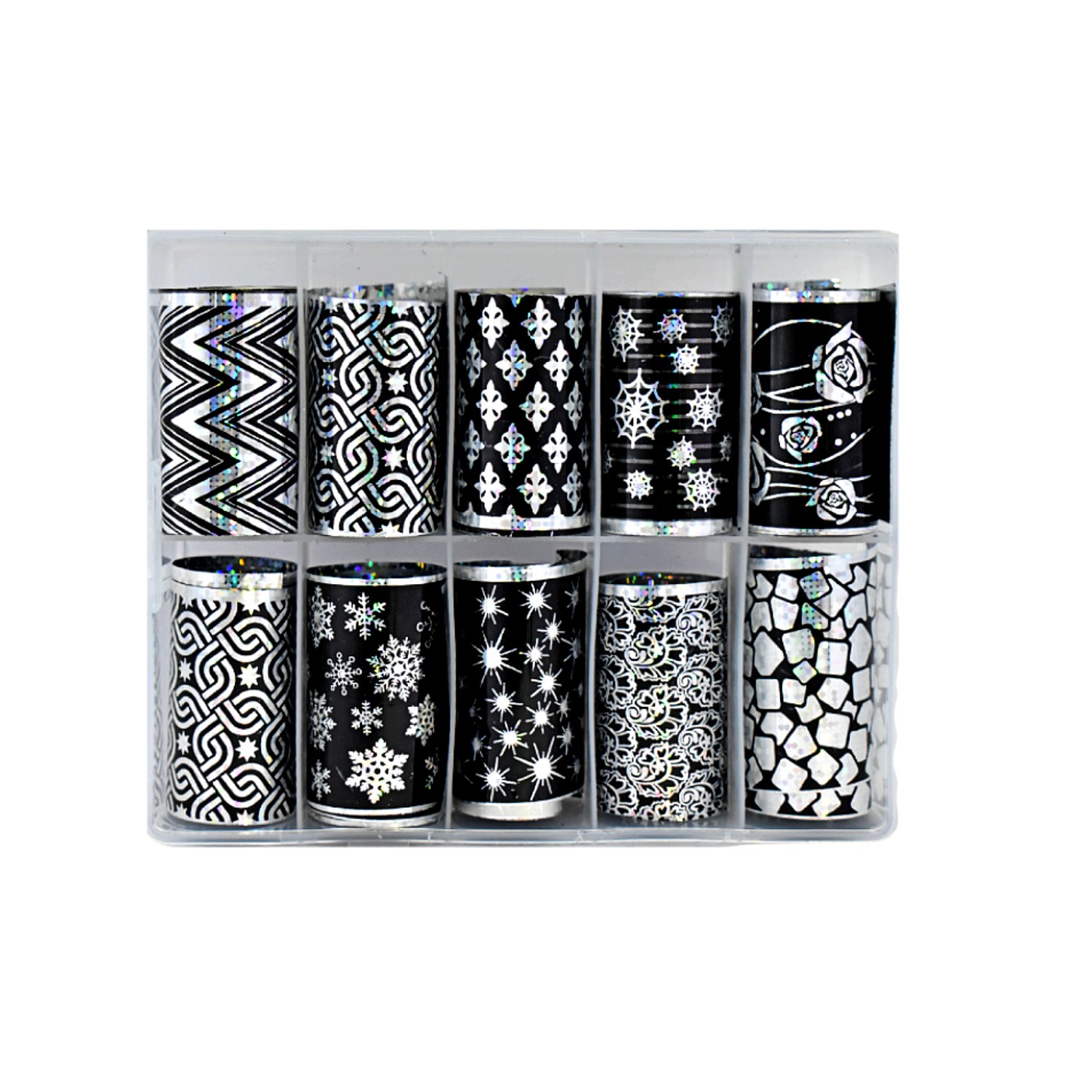 Caja de papel foil para uñas en tonalidades blanco y negro metálico - Imagen 2