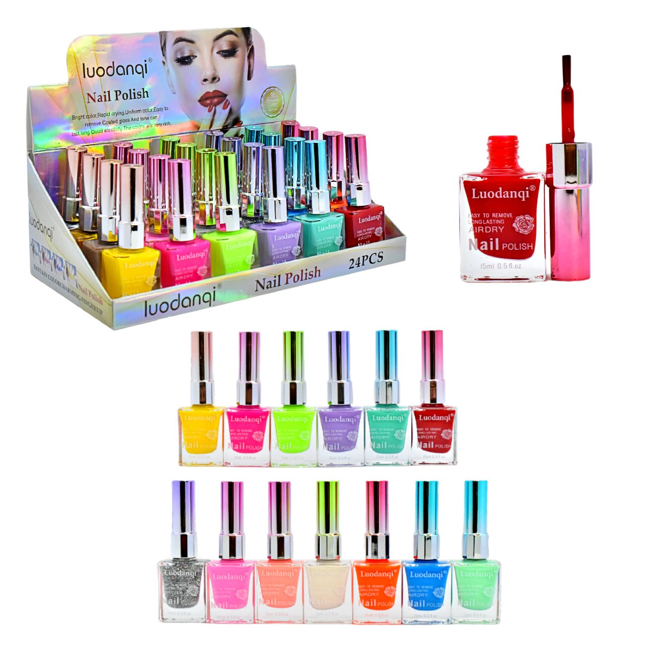 Esmaltes en colores lisos presentación frasco cuadrado Luodanqi 15ML