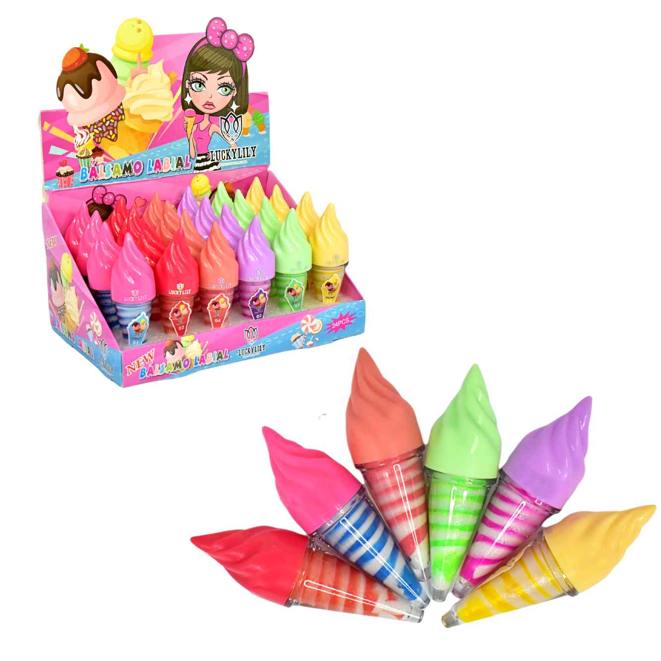 Brillo labial en presentaciónde helado en espiral de colores Lucky Lily