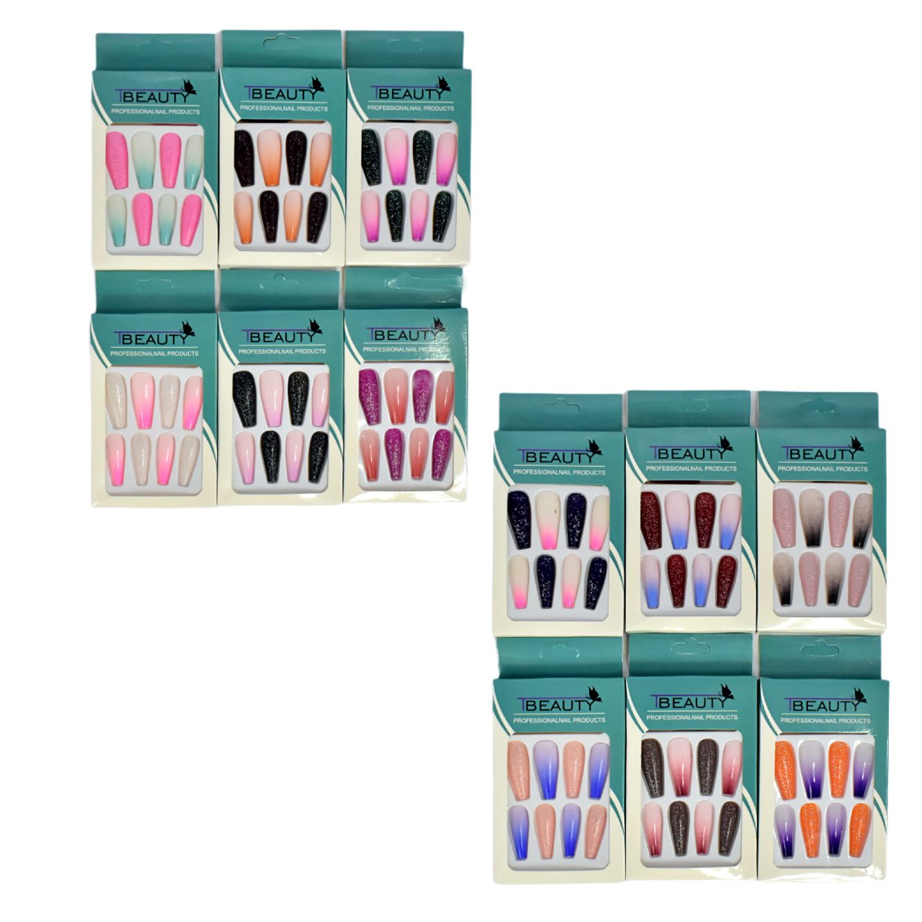 Uñas press on en diseño difuminado con glitter caja turqueza y blanco TBeauty