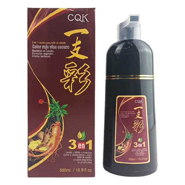 Shampoo con tinte con formula vegetal y aroma herbáceo color rojo vino oscuro de CQK